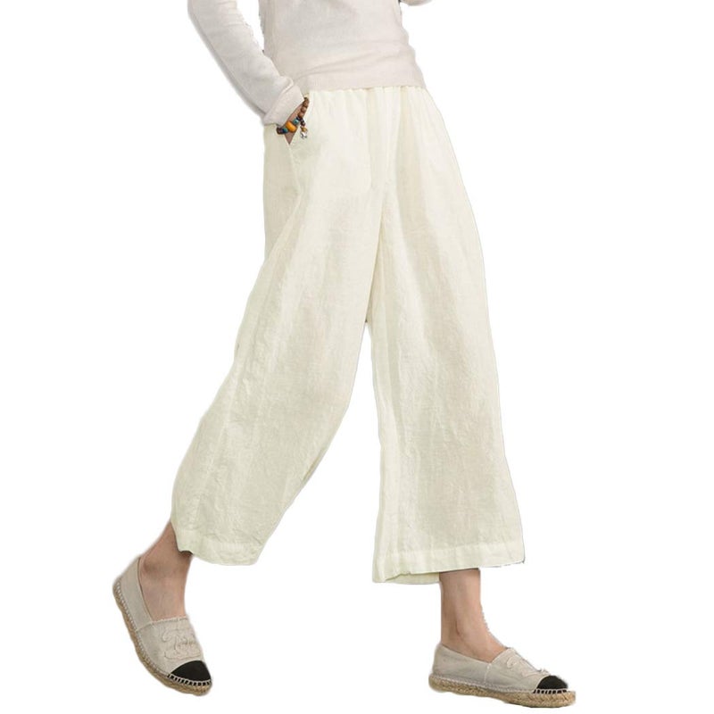 ECUPPER Womens Cotton Cropped Pants Loose Fit Wide Leg Capri Casual Plus Size Elastic Waist Trousers White M - Image 1